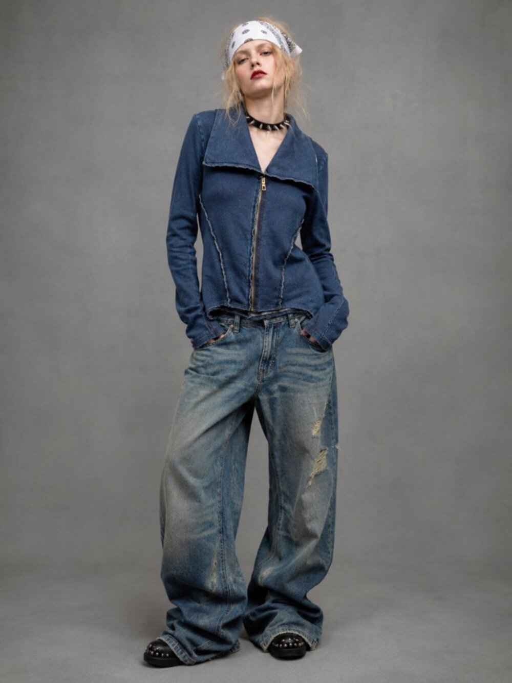 Y2K Denim Blue Asymmetrical Zip Stretch Sweatshirt Jacket Raw Edge Biker Style L